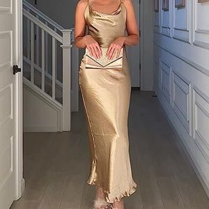 Gold Satin Midi Cowl Neck Dress—Brand New